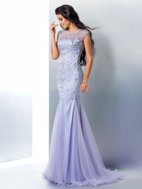 Trumpet/Mermaid Sheer Neck Beading Sleeveless Long Satin Dresses 7291