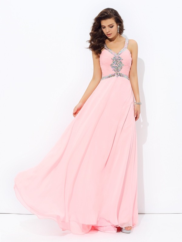 A-line/Princess Straps Beading Sleeveless Long Chiffon Dresses 4817