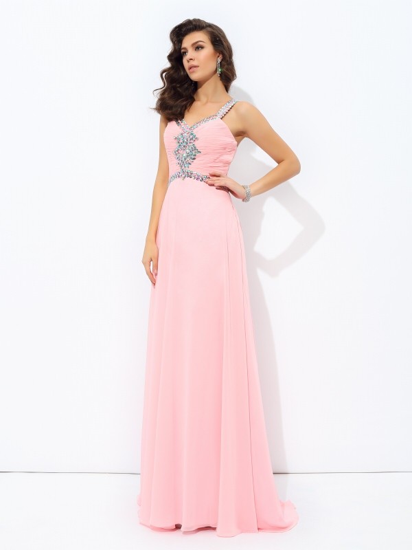 A-line/Princess Straps Beading Sleeveless Long Chiffon Dresses 4817