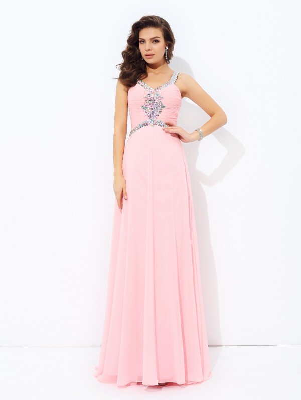 A-line/Princess Straps Beading Sleeveless Long Chiffon Dresses 4817