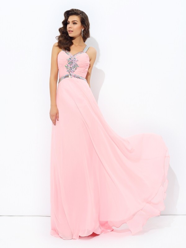 A-line/Princess Straps Beading Sleeveless Long Chiffon Dresses 4817