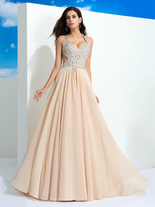 A-Line/Princess Straps Beading Sleeveless Long Chiffon Dresses 4818