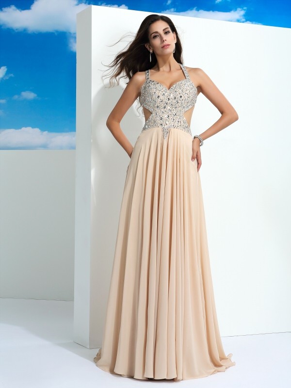 A-Line/Princess Straps Beading Sleeveless Long Chiffon Dresses 4818