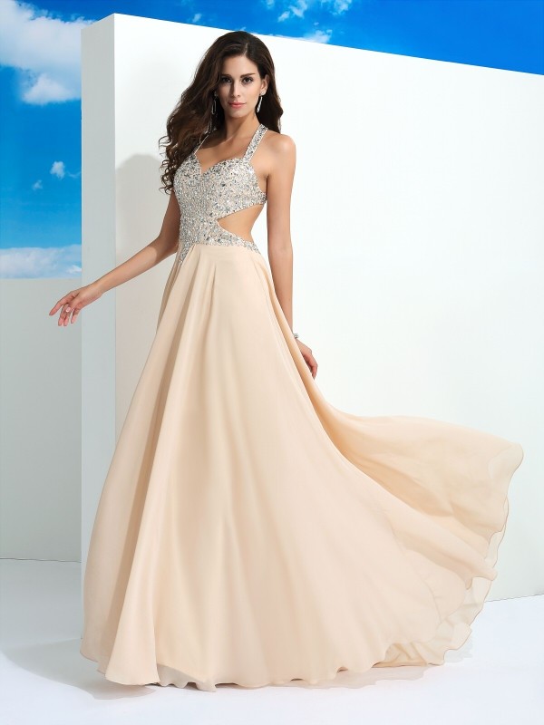 A-Line/Princess Straps Beading Sleeveless Long Chiffon Dresses 4818