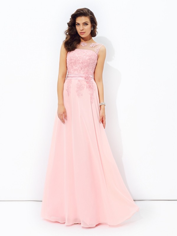 A-line/Princess Scoop Applique Sleeveless Long Chiffon Dresses 4272