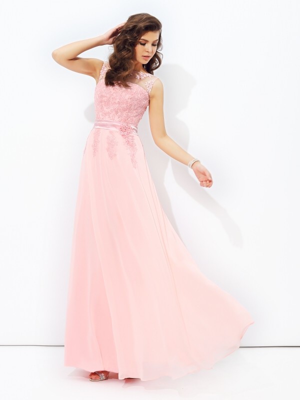 A-line/Princess Scoop Applique Sleeveless Long Chiffon Dresses 4272