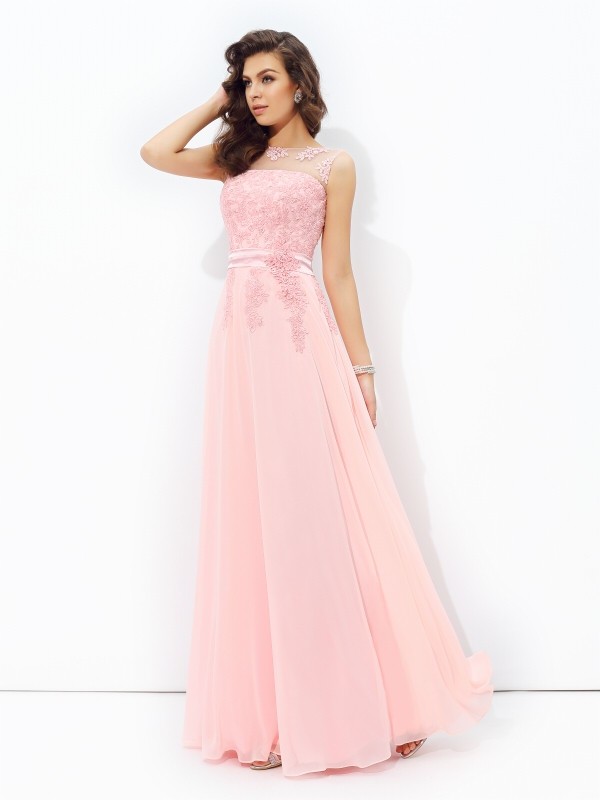 A-line/Princess Scoop Applique Sleeveless Long Chiffon Dresses 4272