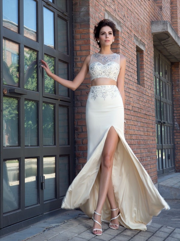 Sheath/Column High Neck Crystal Sleeveless Long Chiffon Two Piece Dresses 5985