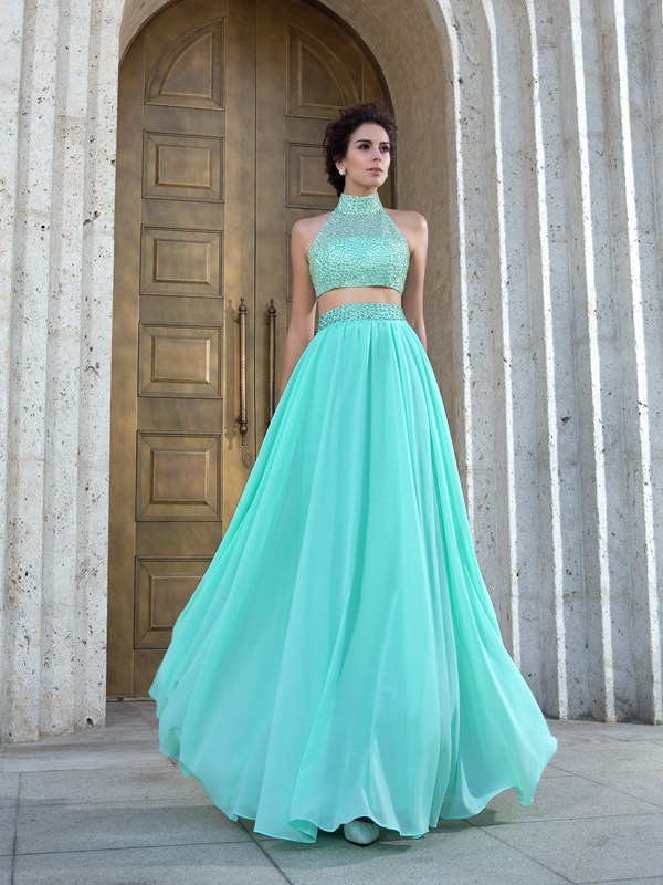 A-Line/Princess High Neck Beading Sleeveless Long Chiffon Two Piece Dresses 3624