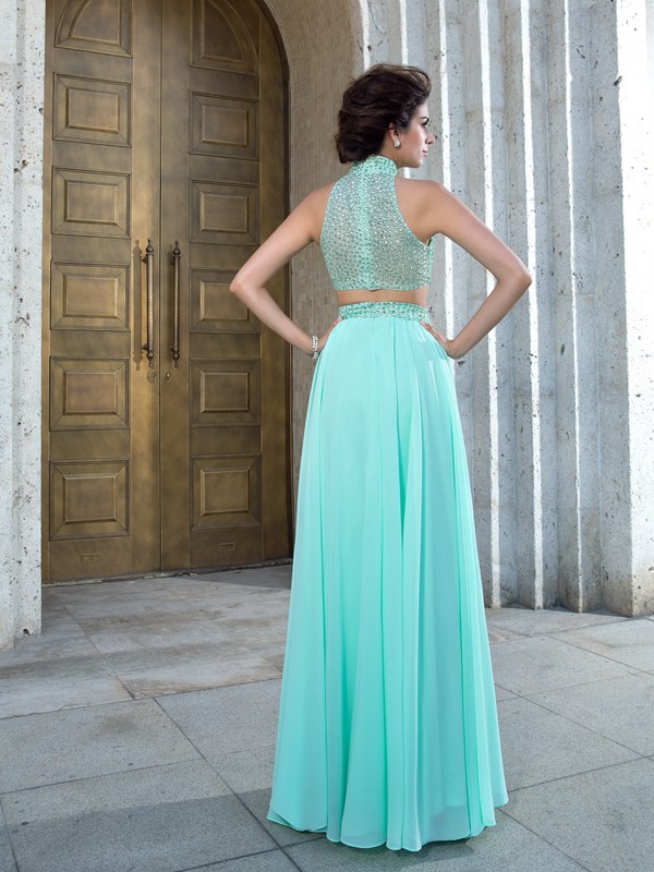 A-Line/Princess High Neck Beading Sleeveless Long Chiffon Two Piece Dresses 3624