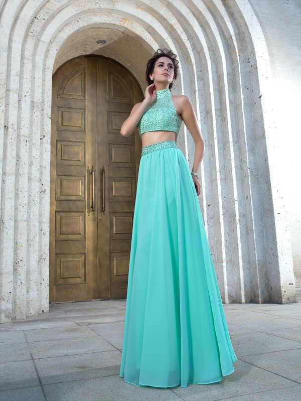 A-Line/Princess High Neck Beading Sleeveless Long Chiffon Two Piece Dresses 3624