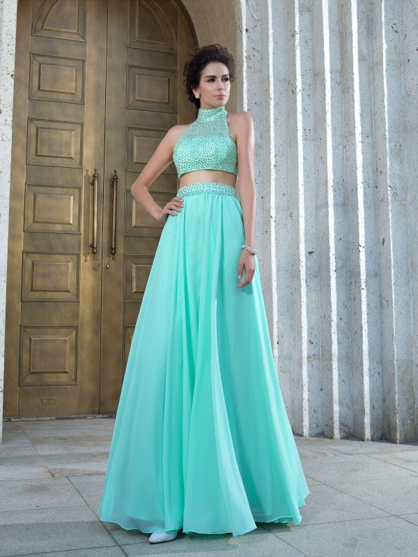 A-Line/Princess High Neck Beading Sleeveless Long Chiffon Two Piece Dresses 3624