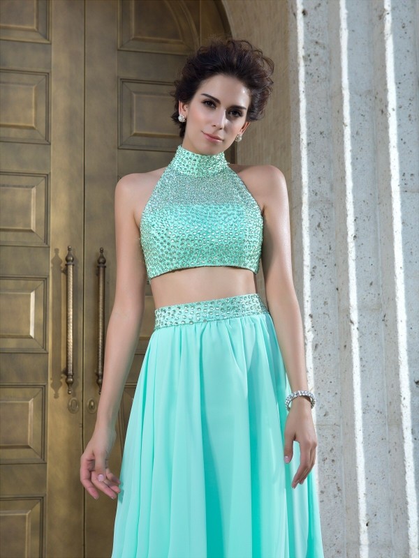 A-Line/Princess High Neck Beading Sleeveless Long Chiffon Two Piece Dresses 3624