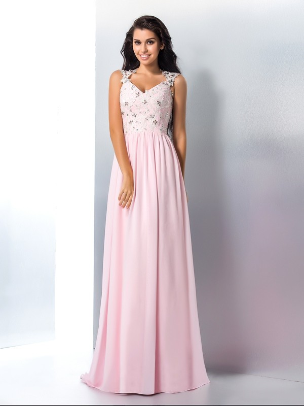 A-Line/Princess V-neck Applique Sleeveless Long Chiffon Dresses 5430