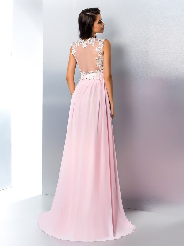 A-Line/Princess V-neck Applique Sleeveless Long Chiffon Dresses 5430