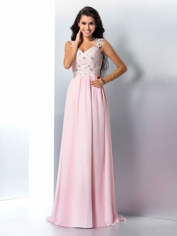 A-Line/Princess V-neck Applique Sleeveless Long Chiffon Dresses 5430