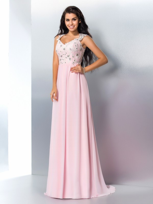 A-Line/Princess V-neck Applique Sleeveless Long Chiffon Dresses 5430