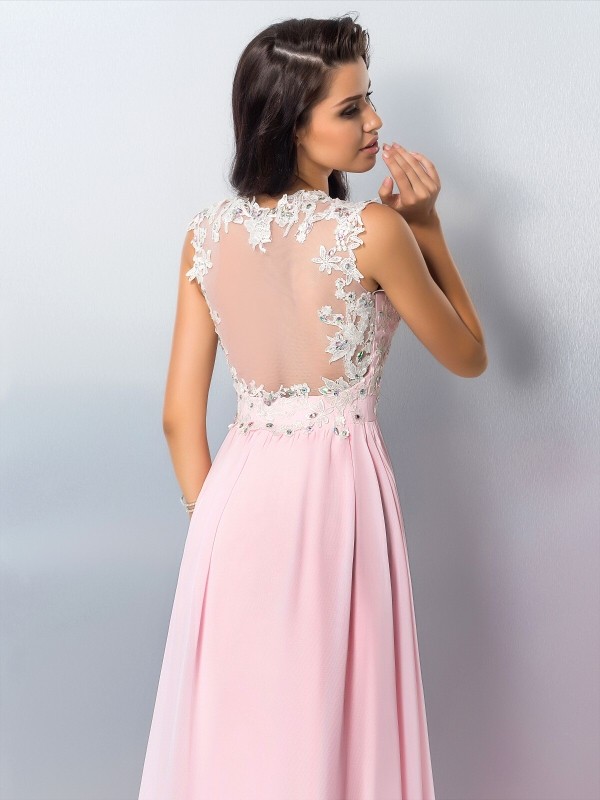 A-Line/Princess V-neck Applique Sleeveless Long Chiffon Dresses 5430