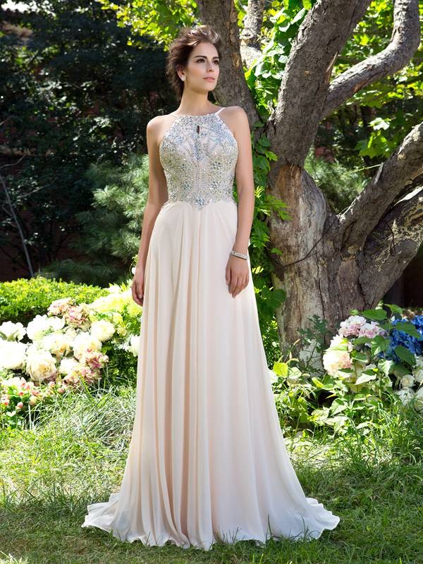 A-Line/Princess Spaghetti Straps Beading Sleeveless Long Chiffon Dresses 4686