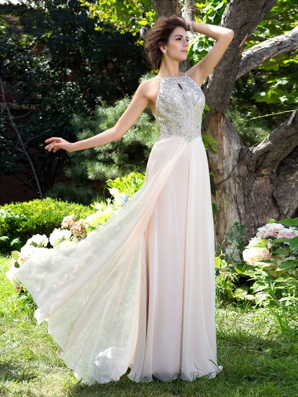 A-Line/Princess Spaghetti Straps Beading Sleeveless Long Chiffon Dresses 4686