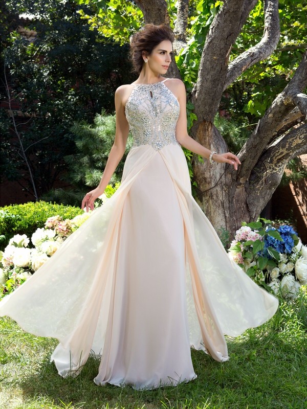 A-Line/Princess Spaghetti Straps Beading Sleeveless Long Chiffon Dresses 4686