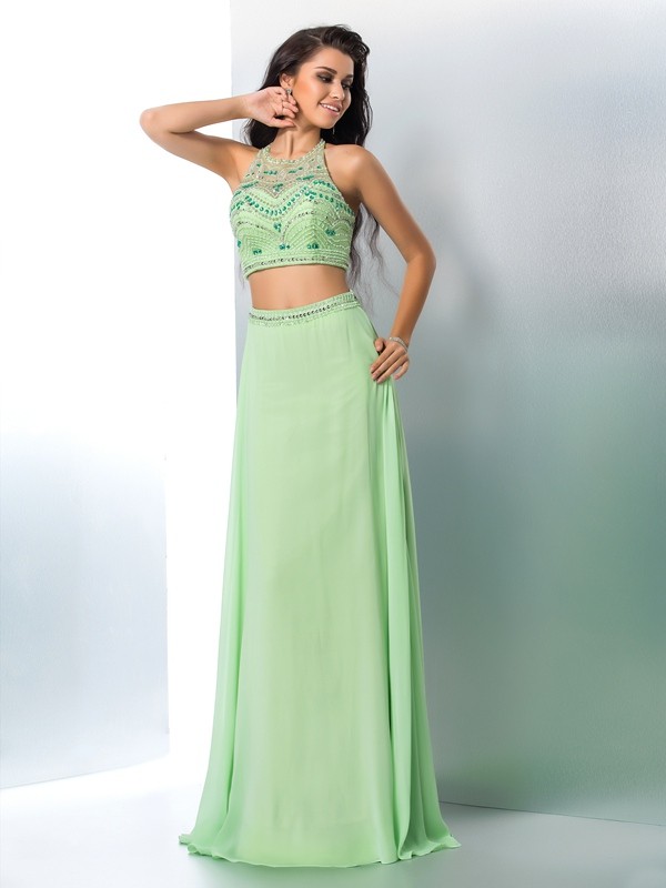 A-Line/Princess Halter Beading Sleeveless Long Chiffon Two Piece Dresses 3568