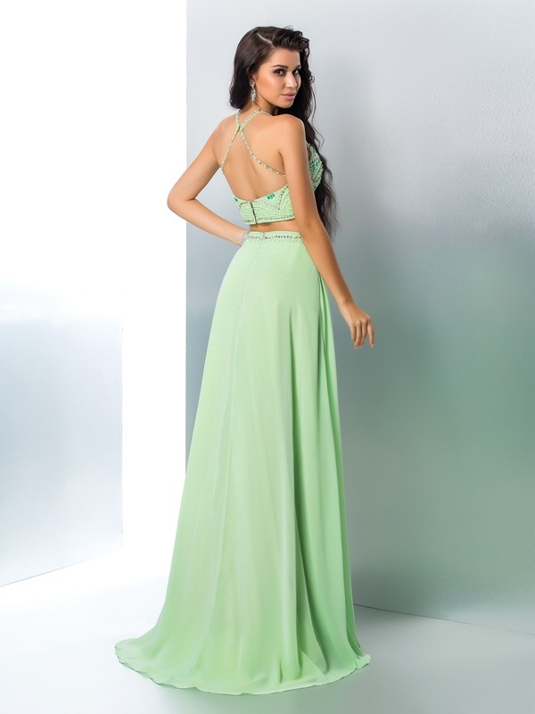 A-Line/Princess Halter Beading Sleeveless Long Chiffon Two Piece Dresses 3568