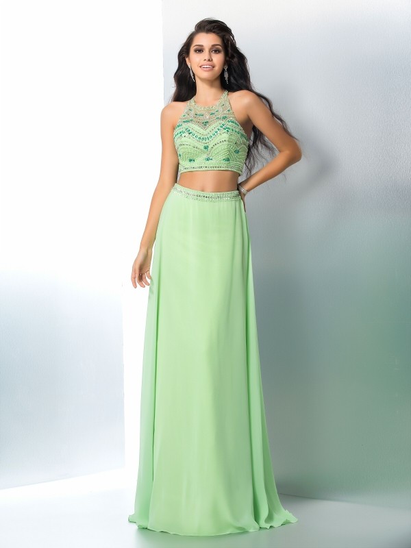 A-Line/Princess Halter Beading Sleeveless Long Chiffon Two Piece Dresses 3568