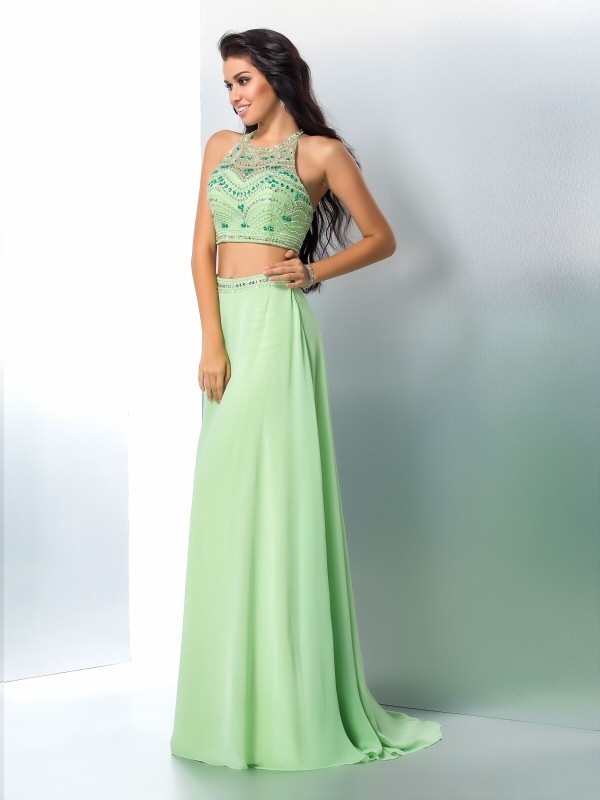 A-Line/Princess Halter Beading Sleeveless Long Chiffon Two Piece Dresses 3568