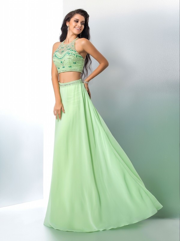 A-Line/Princess Halter Beading Sleeveless Long Chiffon Two Piece Dresses 3568