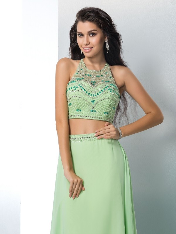 A-Line/Princess Halter Beading Sleeveless Long Chiffon Two Piece Dresses 3568