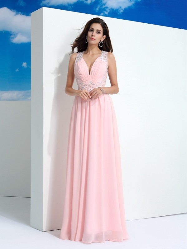 A-Line/Princess Straps Beading Sleeveless Long Chiffon Dresses 4820