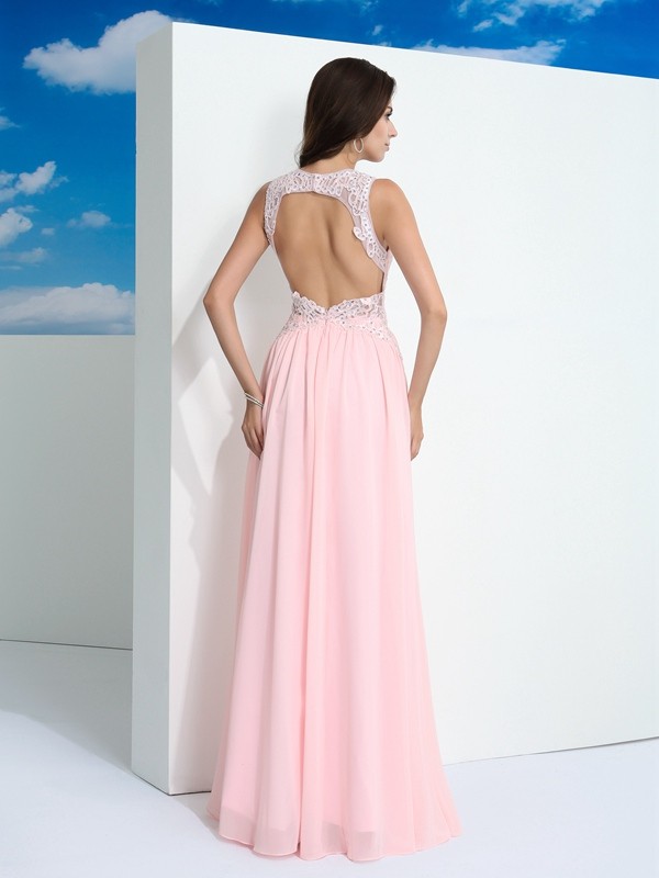 A-Line/Princess Straps Beading Sleeveless Long Chiffon Dresses 4820