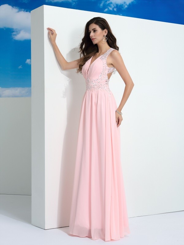 A-Line/Princess Straps Beading Sleeveless Long Chiffon Dresses 4820