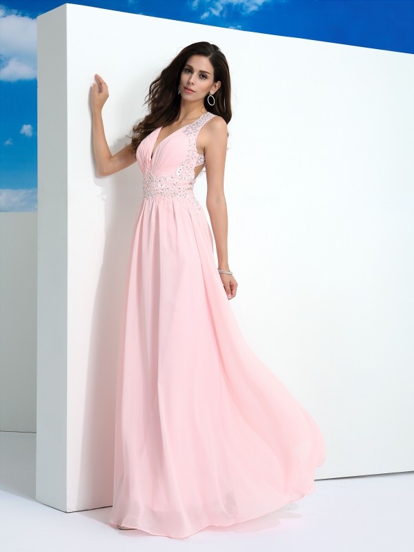 A-Line/Princess Straps Beading Sleeveless Long Chiffon Dresses 4820