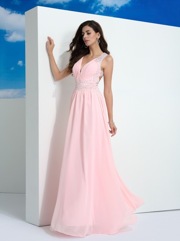 A-Line/Princess Straps Beading Sleeveless Long Chiffon Dresses 4820