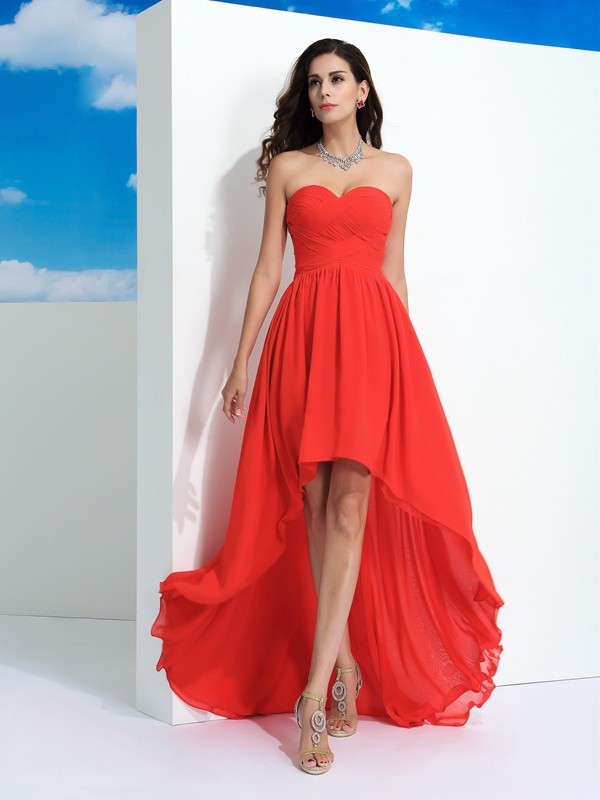 A-Line/Princess Sweetheart Pleats Sleeveless High Low Chiffon Dresses 4983