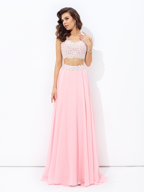 A-line/Princess Straps Applique Sleeveless Long Chiffon Two Piece Dresses 4801