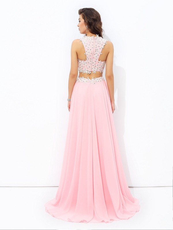 A-line/Princess Straps Applique Sleeveless Long Chiffon Two Piece Dresses 4801