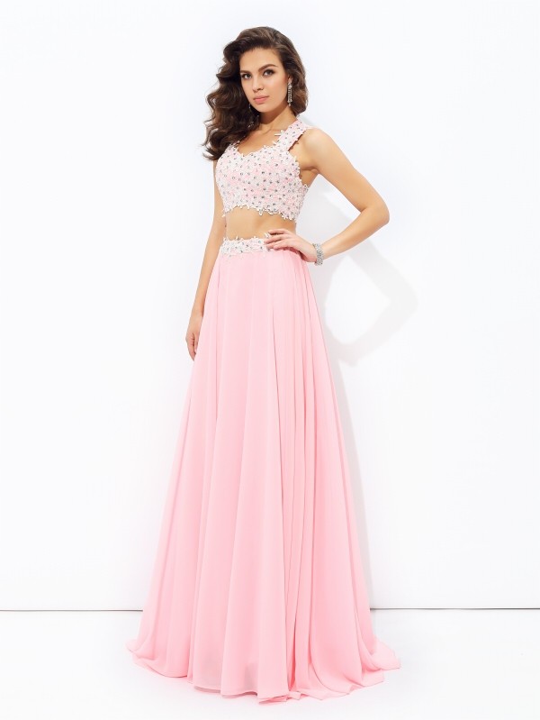 A-line/Princess Straps Applique Sleeveless Long Chiffon Two Piece Dresses 4801