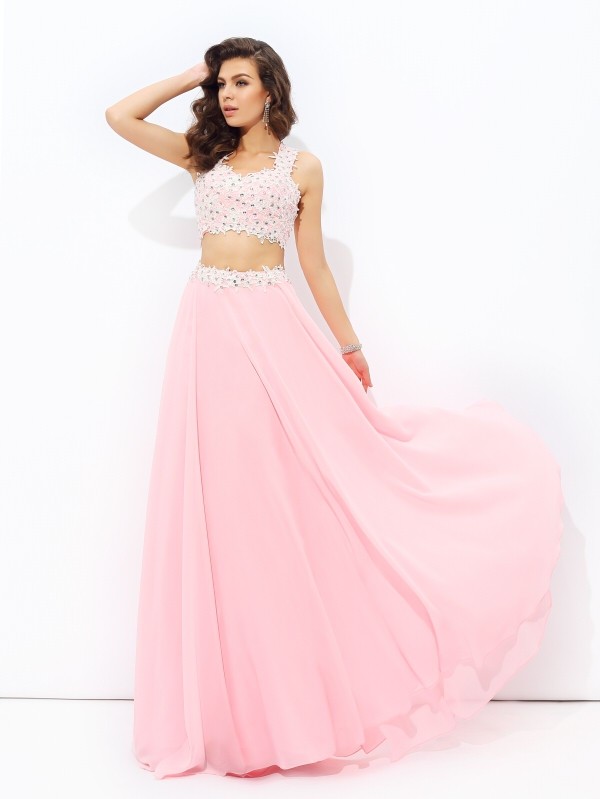 A-line/Princess Straps Applique Sleeveless Long Chiffon Two Piece Dresses 4801