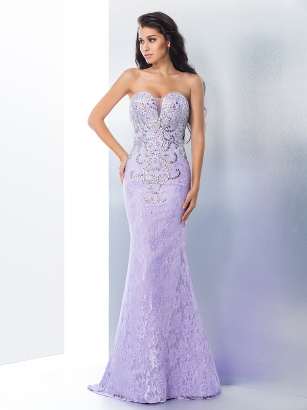 Trumpet/Mermaid Sweetheart Beading Sleeveless Long Lace Dresses 7483