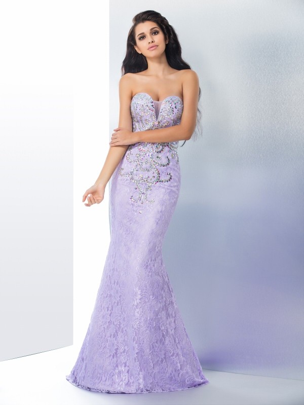 Trumpet/Mermaid Sweetheart Beading Sleeveless Long Lace Dresses 7483