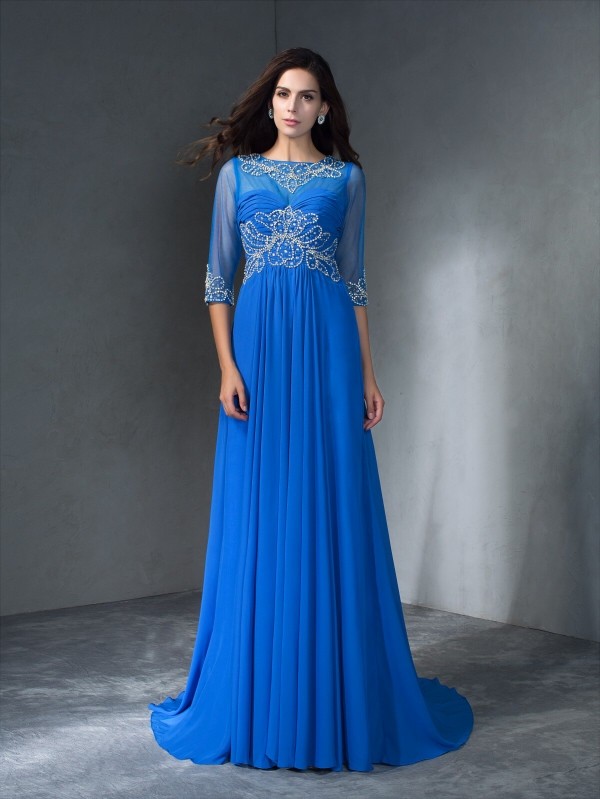 A-Line/Princess Scoop Beading 1/2 Sleeves Long Chiffon Dresses 4275