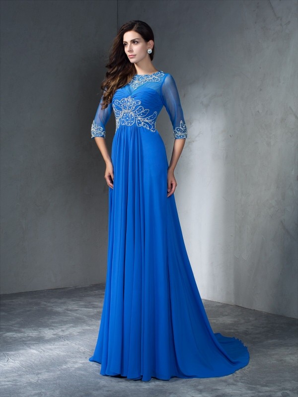 A-Line/Princess Scoop Beading 1/2 Sleeves Long Chiffon Dresses 4275