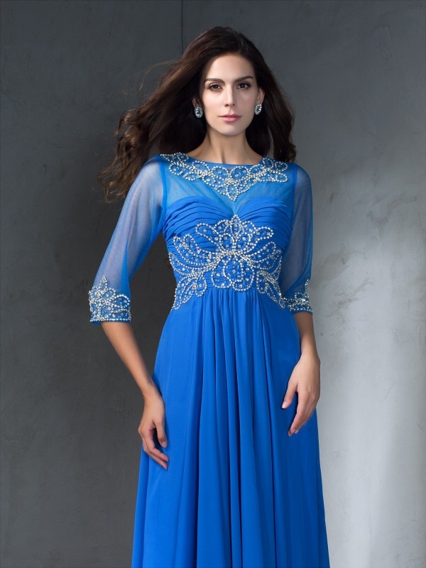 A-Line/Princess Scoop Beading 1/2 Sleeves Long Chiffon Dresses 4275