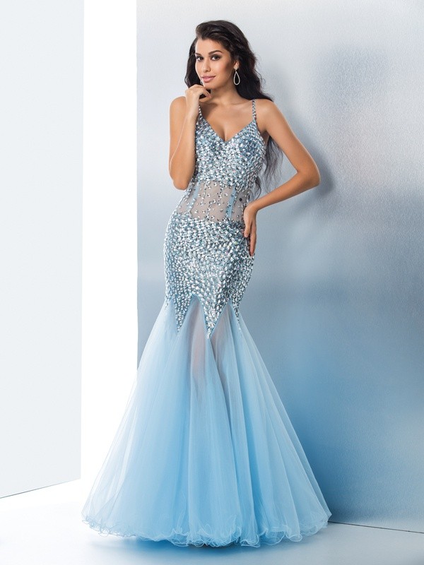 Trumpet/Mermaid Spaghetti Straps Sequin Sleeveless Long Tulle Dresses 7396