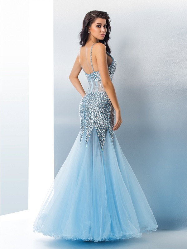 Trumpet/Mermaid Spaghetti Straps Sequin Sleeveless Long Tulle Dresses 7396