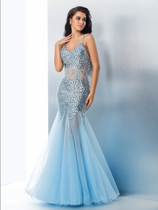 Trumpet/Mermaid Spaghetti Straps Sequin Sleeveless Long Tulle Dresses 7396