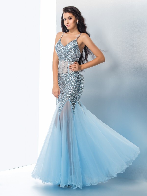 Trumpet/Mermaid Spaghetti Straps Sequin Sleeveless Long Tulle Dresses 7396